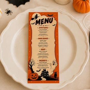 Peut inclure: Une carte de menu rectangulaire et haute sur le thème d'Halloween avec un fond orange et crème. Le texte indique MENU, APPETIZERS, MAIN DISHES, SIDES et DESSERTS, avec des illustrations noires d'une sorcière, de chauves-souris, d'un fantôme, d'une citrouille et d'une maison.