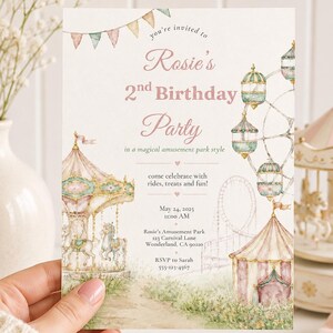 Könnte beinhalten: Eine rechteckige Geburtstagseinladungskarte mit Aquarellillustrationen eines Karussells, eines Riesenrads und eines Zeltes. Der Text lautet: you're invited to Rosie's 2nd Birthday Party in a magical amusement park style, come celebrate with rides, treats and fun!, May 24, 2025 11:00 AM, Rosie's Amusement Park 123 Carnival Lane Wonderland, CA 90210, RSVP to Sarah 555-123-4567.