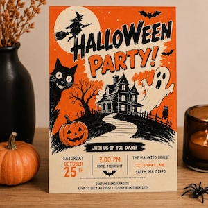 May include: A rectangular Halloween party invitation card featuring a black cat, a pumpkin, a haunted house, a ghost, and a witch on a broomstick against an orange background. The text includes event details, date, time, and location: 123 Spooky Lane.