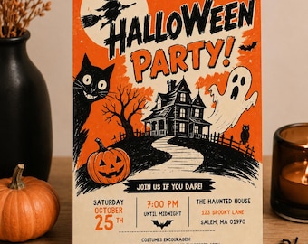 May include: A rectangular Halloween party invitation card featuring a black cat, a pumpkin, a haunted house, a ghost, and a witch on a broomstick against an orange background. The text includes event details, date, time, and location: 123 Spooky Lane.