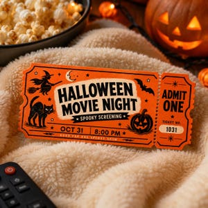 Pode incluir: Um bilhete retangular laranja com texto e ilustrações em preto. O bilhete diz Halloween Movie Night, Spooky Screening, Admit One, Oct 31, 8:00 PM e Ticket No. 1031. Os gráficos incluem uma bruxa, um gato, um morcego e uma abóbora.