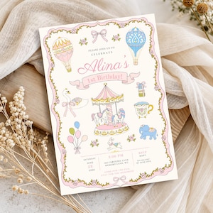 May include: A rectangular birthday invitation card featuring a pink and gold floral border. Illustrations include hot air balloons, a carousel, a swan, a teacup, balloons, a rabbit, and an elephant. Text reads: Please join us to celebrate Alina's 1st Birthday!