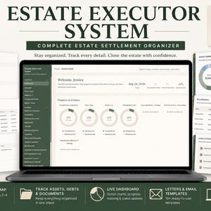 May include: A digital estate executor system displayed on a laptop screen, featuring a dashboard with progress charts, financial account tables, beneficiary lists, and document trackers. The interface includes 22 interactive tabs for organization.