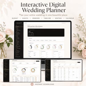 May include: An interactive digital wedding planner displayed on a computer monitor and two tablets. The interface features a dashboard with budget, guest, vendor, timeline, seating, and calendar sections, showing progress charts and lists.