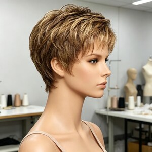 Op de afbeelding: Een korte, gelaagde pruik met een mix van lichtbruine en blonde highlights. Het haar is gestyled met getextureerde, piekerige lagen die het gezicht omlijsten, wat zorgt voor een volumineuze, warrige look op een gladde, lichtgekleurde etalagepop.
