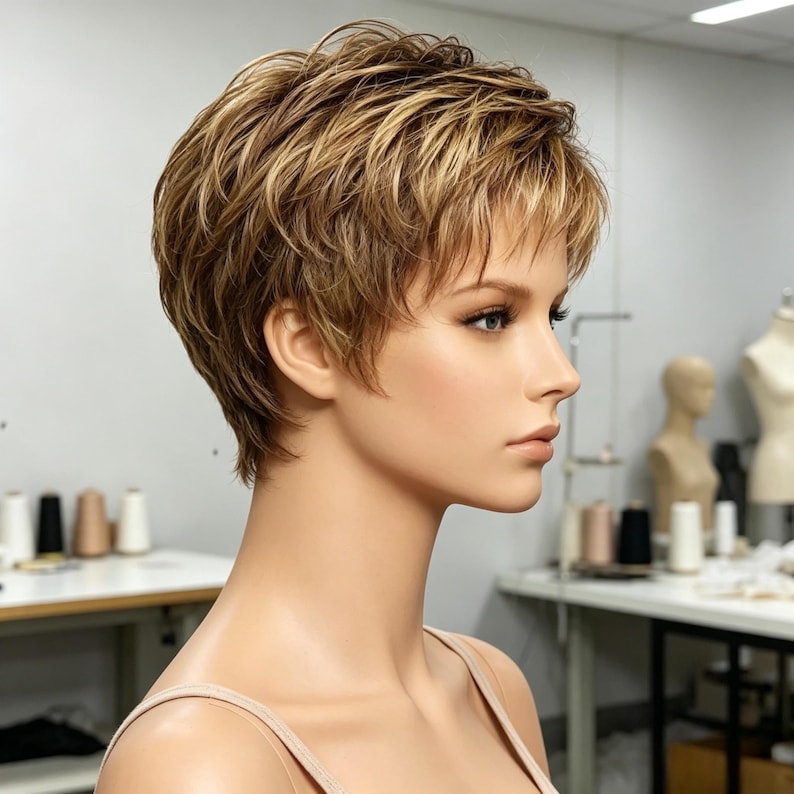 Op de afbeelding: Een korte, gelaagde pruik met een mix van lichtbruine en blonde highlights. Het haar is gestyled met getextureerde, piekerige lagen die het gezicht omlijsten, wat zorgt voor een volumineuze, warrige look op een gladde, lichtgekleurde etalagepop.
