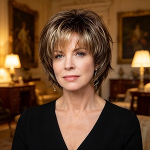 May include: A person with a layered, chin-length bob hairstyle featuring brown and blonde highlights, styled with soft volume and bangs. The person is wearing a solid black V-neck top and simple silver-toned drop earrings with a geometric shape.