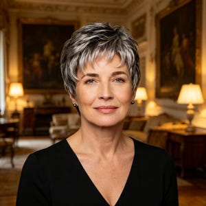 May include: A person with short, layered, salt-and-pepper hair styled in a textured pixie cut. The individual is wearing small, dark, spherical stud earrings and a simple black top with a V-neckline, presenting a neutral and composed appearance.