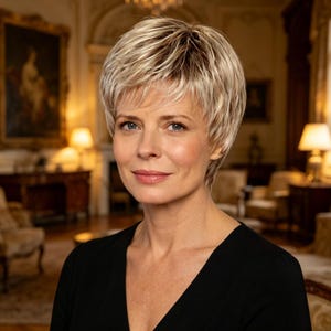 Customized labels,Short Platinum Blonde Pixie Wig for Older Women, Heat Resistant Synthetic Hair, Layered Textured Short Pixie Cut Wig