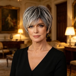 May include: A short, layered wig featuring a blend of dark brown and silver-white highlights. The hair is styled with a side-swept fringe and textured volume around the crown, creating a tapered look that frames the face with a modern, sleek finish.