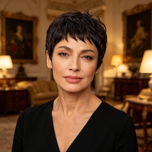 May include: A person with short, dark, textured hair and a V-neck black top. The individual has a neutral expression, brown eyes, and light skin, positioned centrally against a blurred interior background with framed artwork and lamps.