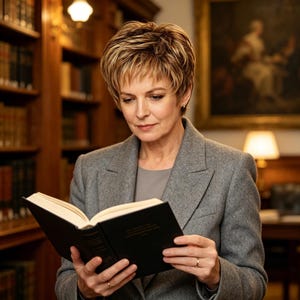 Op de afbeelding: Een persoon met kort, gelaagd, bruin haar met highlights draagt een grijze wollen blazer en houdt een open zwart hardcover boek vast met zichtbare tekst op de pagina's. De persoon draagt een gouden ring aan de vinger in een bibliotheek.