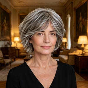 Puede incluir: Retrato de una mujer con cabello corto, en capas, gris y blanco, que lleva una blusa negra. La imagen es un primer plano, con un enfoque suave en el rostro de la mujer. El fondo es una habitación con pinturas y lámparas.