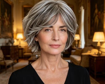 Customized labels,Gray Short Layered Wig with Bangs, Natural Synthetic Hair, Heat Resistant, Chic Style for Mature Women, Daily & Event Wear