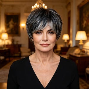 Anpassade etiketter, Saltpeppar Kort Pixie Peruk med Lugg, Naturlig Värmebeständig Syntet Grå Svart Layered Pixie Cut Peruk för Mogna Kvinnor