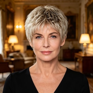 Customized labels,Short Platinum Pixie Cut Wig for Mature Women, Heat Resistant Synthetic Hair Natural Textured Short Blonde Wig