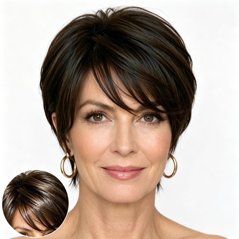 Customized labels,Short Brown Pixie Wig with Bangs, Natural Synthetic Hair, Heat Resistant, Layered Style for Mature Women,Daily Office Wear bild 3