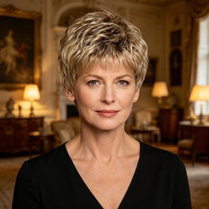 May include: A short, layered wig featuring a blend of blonde and light brown tones with a textured, piecey finish. The hair is styled in a voluminous, cropped cut with soft bangs that frame the forehead, paired with a simple black V-neck top.