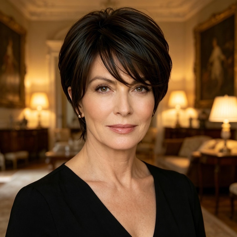 Customized labels,Short Brown Pixie Wig with Bangs, Natural Synthetic Hair, Heat Resistant, Layered Style for Mature Women,Daily Office Wear bild 1