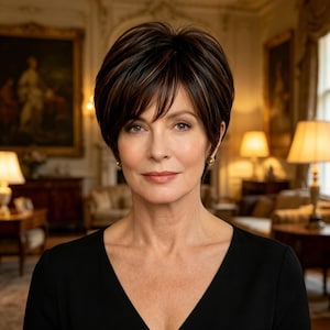 Anpassade etiketter, Brun Kort Pixie Cut Peruk med Lugg, Naturligt Syntetiskt Hår, Värmebeständig, Lager-på-lager-stil för Kvinnor, Vardags- och Kontorskläder