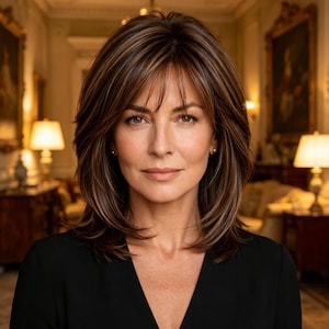 May include: A person with shoulder-length brown hair featuring lighter highlights and bangs, styled in a layered cut. The individual is wearing a simple black top with a V-neckline and small pearl stud earrings, presented in a clear, centered portrait.