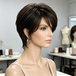Customized labels,Short Brown Pixie Wig with Bangs, Natural Synthetic Hair, Heat Resistant, Layered Style for Mature Women,Daily Office Wear bild 4