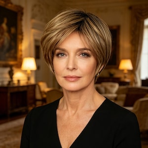 Op de afbeelding: Een persoon met kort, gelaagd, lichtbruin haar met blonde highlights, gestyled in een zacht, volumineus kapsel. Het individu heeft een neutrale uitdrukking, een lichte huid en draagt een eenvoudig zwart bovenstuk met een V-halslijn.