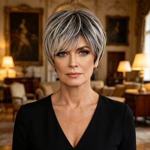 May include: A short, layered haircut featuring a blend of dark brown and silver-grey highlights. The hair is styled with volume at the crown and textured, wispy bangs that frame the forehead, creating a sleek, modern look with a neutral color palette.
