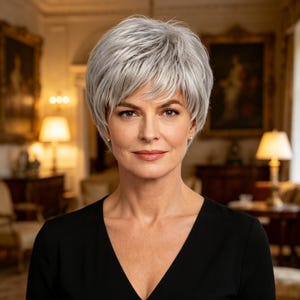 Customized labels,Silver Short Pixie Wig for Older Women, Natural Synthetic Heat Resistant Gray Layered Pixie Cut Wig, Comfort Daily Mature