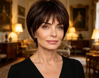 Anpassade etiketter, Brun Kort Pixie Cut Peruk med Lugg – Naturligt Syntetiskt Hår, Värmebeständig, Lager-på-lager-stil för Kvinnor, Vardags- och Festkläder