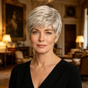 Customized labels,Short Silver Pixie Cut Wig for Mature Women,Natural Synthetic Heat Resistant Grey Short Hair Wig,Elegant Layered Pixie Wig