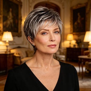 Puede incluir: Un peinado corto y degradado que presenta una mezcla de tonos marrón oscuro y gris plateado. El cabello está estilizado con capas texturizadas que enmarcan el rostro, creando un aspecto voluminoso con raya lateral y flequillo suave.