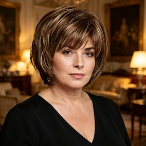 Customized labels,Short Layered Brown Bob Wig with Blonde Highlights, Synthetic Heat Resistant Short Hair Wig with Bangs for Mature Women