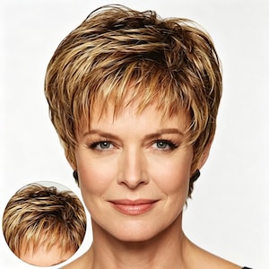 Aangepaste labels, pruik met kort haar en highlights voor rijpe vrouwen, hittebestendige synthetische blonde bruine gelaagde pruik met kort haar, natuurlijk afbeelding 3