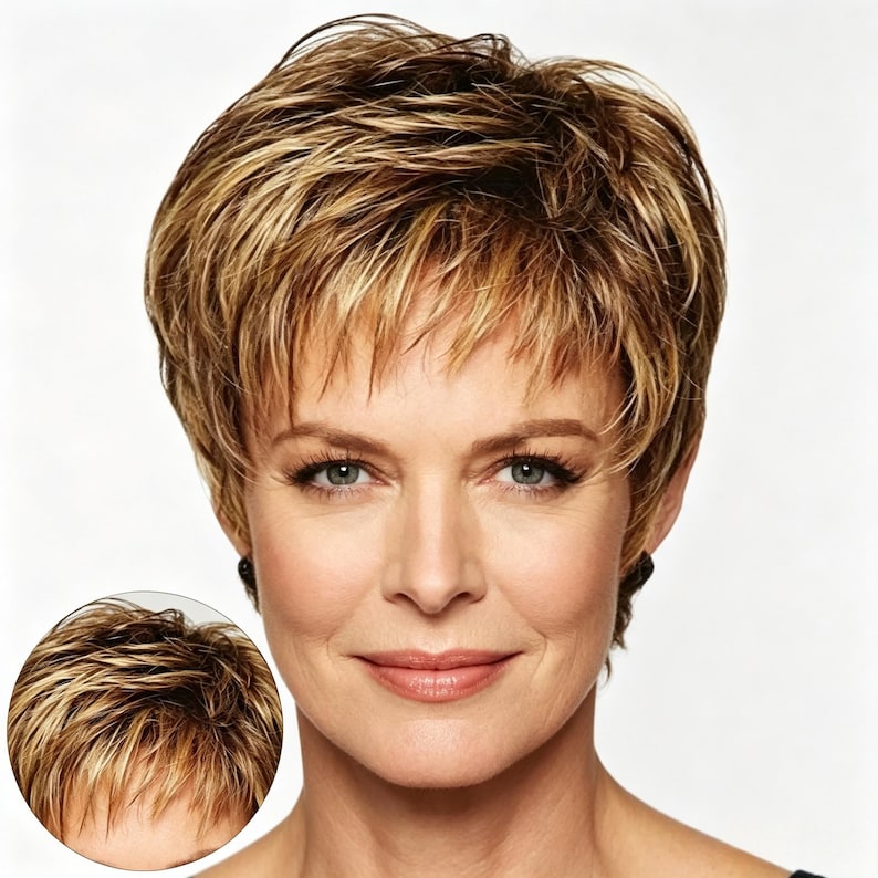Aangepaste labels, pruik met kort haar en highlights voor rijpe vrouwen, hittebestendige synthetische blonde bruine gelaagde pruik met kort haar, natuurlijk afbeelding 3