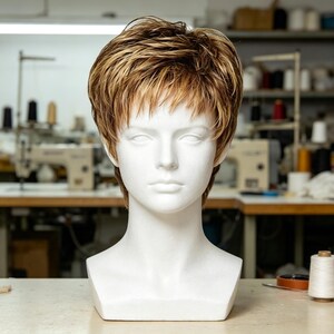 Op de afbeelding: Een korte, gelaagde pruik met een mix van goudblonde en lichtbruine highlights, gestyled met een getextureerde pony en volume bij de kruin, gepresenteerd op een glad, wit, gelaatloos etalagehoofd met een neutrale uitdrukking.