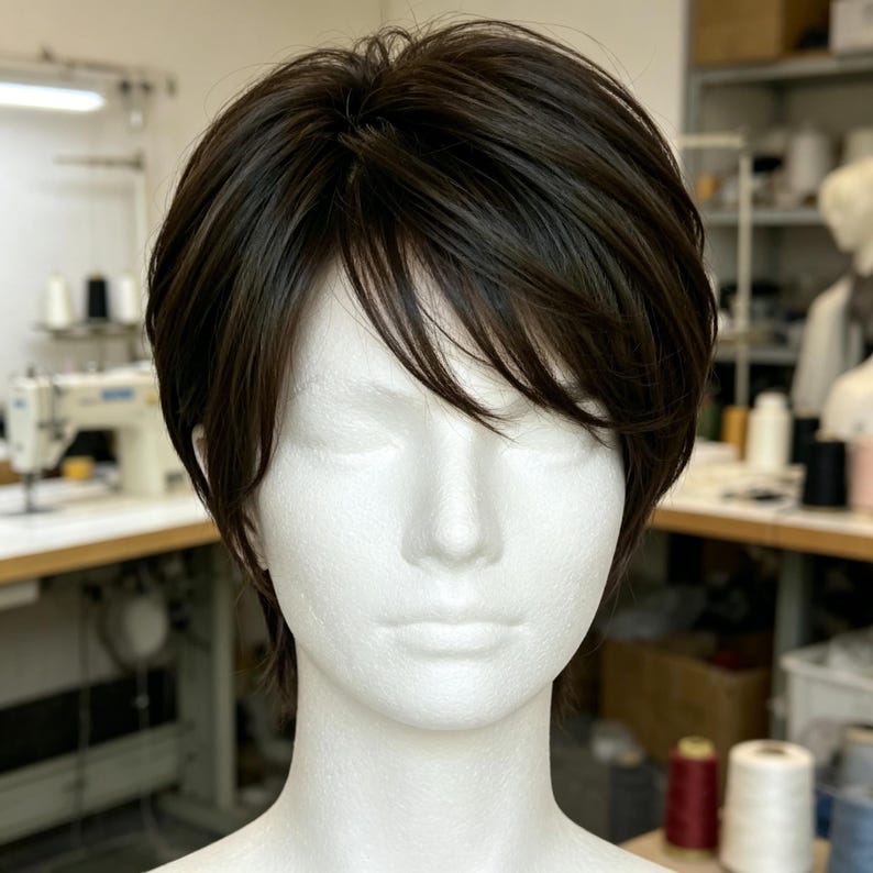 Customized labels,Short Brown Pixie Wig with Bangs, Natural Synthetic Hair, Heat Resistant, Layered Style for Mature Women,Daily Office Wear bild 5