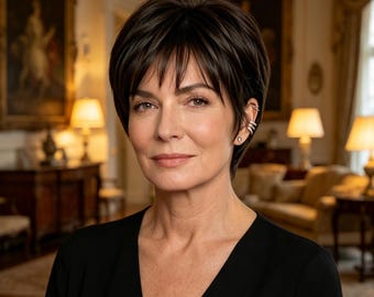 Customized labels,Short Brown Pixie Cut Wig with Bangs – Natural Synthetic Hair, Heat Resistant, Elegant Style for Mature Women, Formal Wear