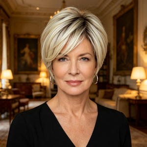 Kundenspezifische Etiketten, platinblonde kurze Pixie-Perücke für ältere Frauen, natürliches synthetisches Haar, hitzebeständig, eleganter Schichtstil für den täglichen Gebrauch