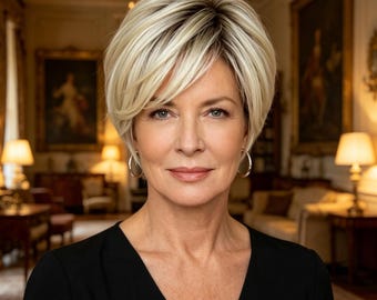 Anpassade etiketter, Platinablond kort pixieperuk för äldre kvinnor, naturligt syntetiskt hår, värmebeständig, elegant lager-på-lager-stil för dagligt bruk