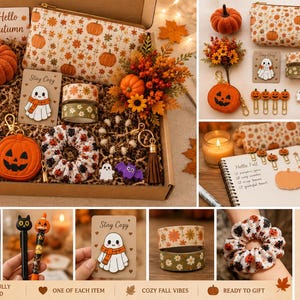May include: A seasonal gift box featuring a pumpkin-patterned pencil case, a plush pumpkin, a ghost enamel pin marked Stay Cozy, two rolls of decorative washi tape, a pumpkin-shaped coin purse, a patterned scrunchie, and various pens.