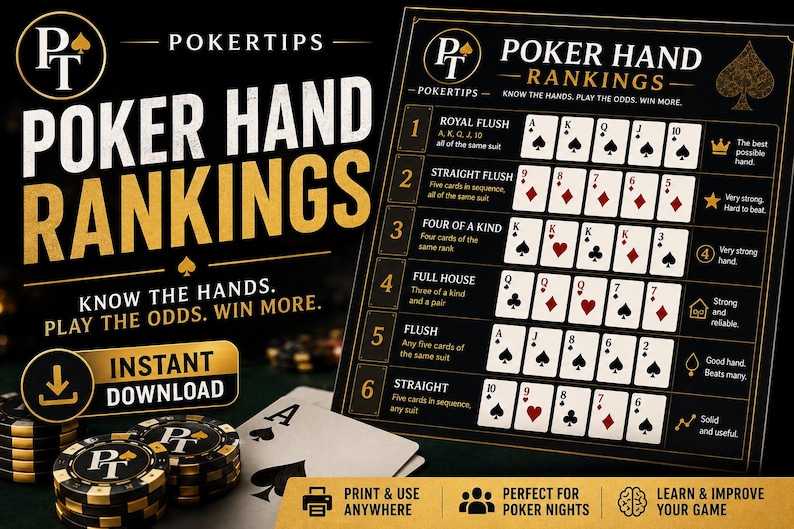 Poker Hand Rankings Chart | Printable Texas Hold'em Cheat Sheet | Poker ...