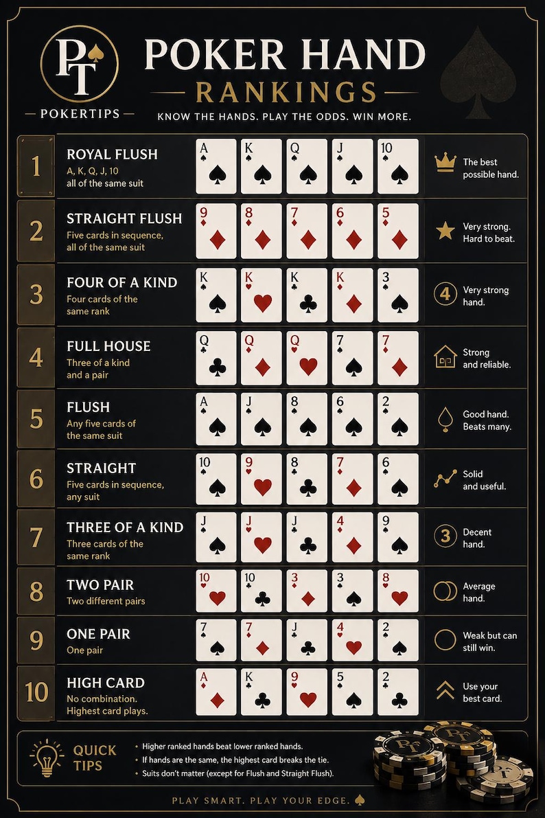 Poker Hand Rankings Chart | Printable Texas Hold'em Cheat Sheet | Poker ...
