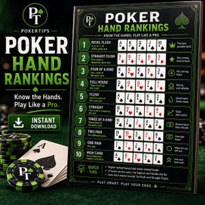 May include: A poker hand rankings chart with the text "POKER HAND RANKINGS" and "Know the Hands. Play Like a Pro." The chart displays hand rankings from Royal Flush to High Card, with card examples. Green and black poker chips are in the foreground.