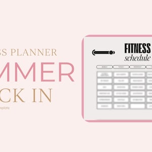 Op de afbeelding: Een fitnessplanner ontwerp met de woorden "Fitness Planner Summer Lock In" in roze en goud. Een fitnessschema staat rechts, met een roze rand en zwarte tekst.