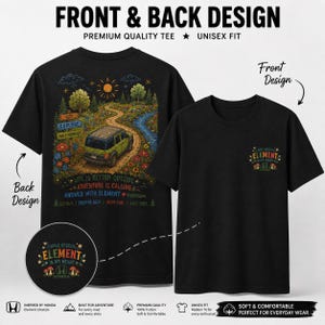 May include: Black t-shirts with front and back designs. The back design features a green SUV on a dirt road with a landscape scene and text. The front design has a small graphic with text. The shirts are labeled as premium quality and unisex fit.