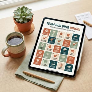 Könnte beinhalten: Ein Tablet, das ein Team-Building-Bingo-Spiel mit einem Raster aus Quadraten anzeigt, die verschiedene Aufgaben, Symbole und Texte enthalten. Der Bildschirm zeigt den Titel Team Building Bingo! Building Connections. Having Fun! in einem Raster.