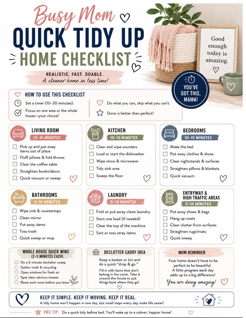 Busy Mom Home Checklist | Quick Tidy Up, Realistic Routines (printable ...