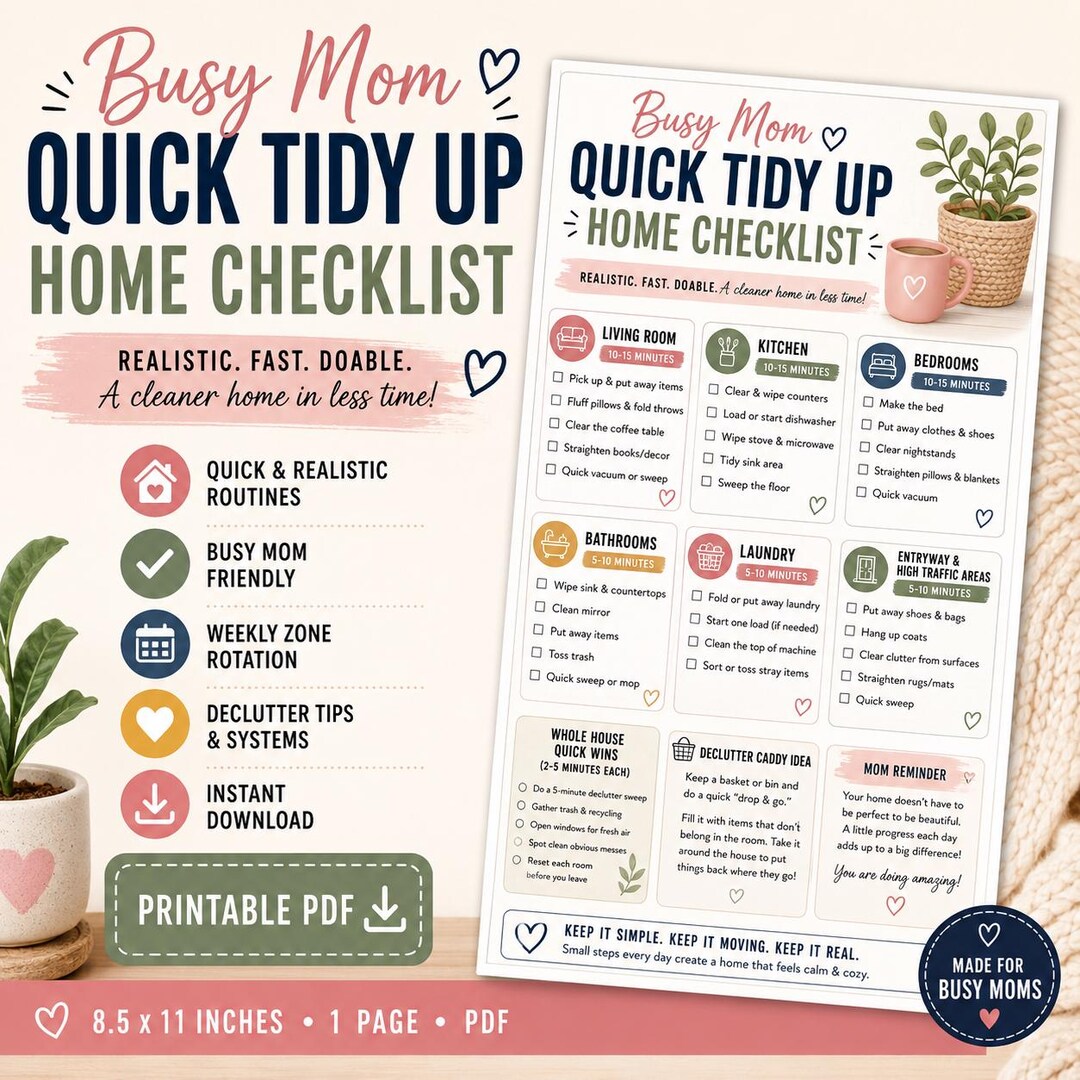 Busy Mom Home Checklist | Quick Tidy Up, Realistic Routines (printable ...