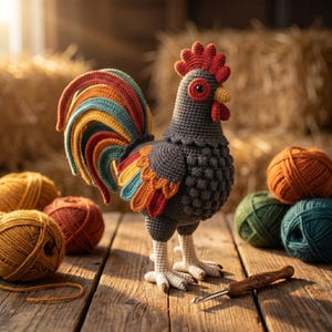 Könnte beinhalten: Eine gehäkelte Hahn-Figur mit dunkelgrauem Körper aus strukturierten Noppenmaschen, einem bunten Schwanz mit Streifen in Türkis, Orange und Rot, rotem Kamm und Kehllappen, gelbem Schnabel und hellen Beinen auf einer hölzernen Oberfläche.